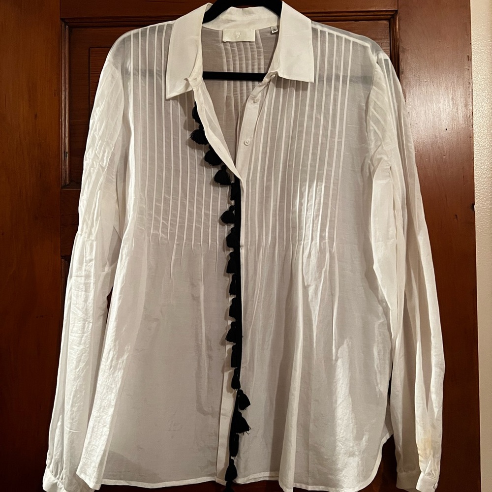 7 For All Mankind White Shirt with Black Ruffle Trim
